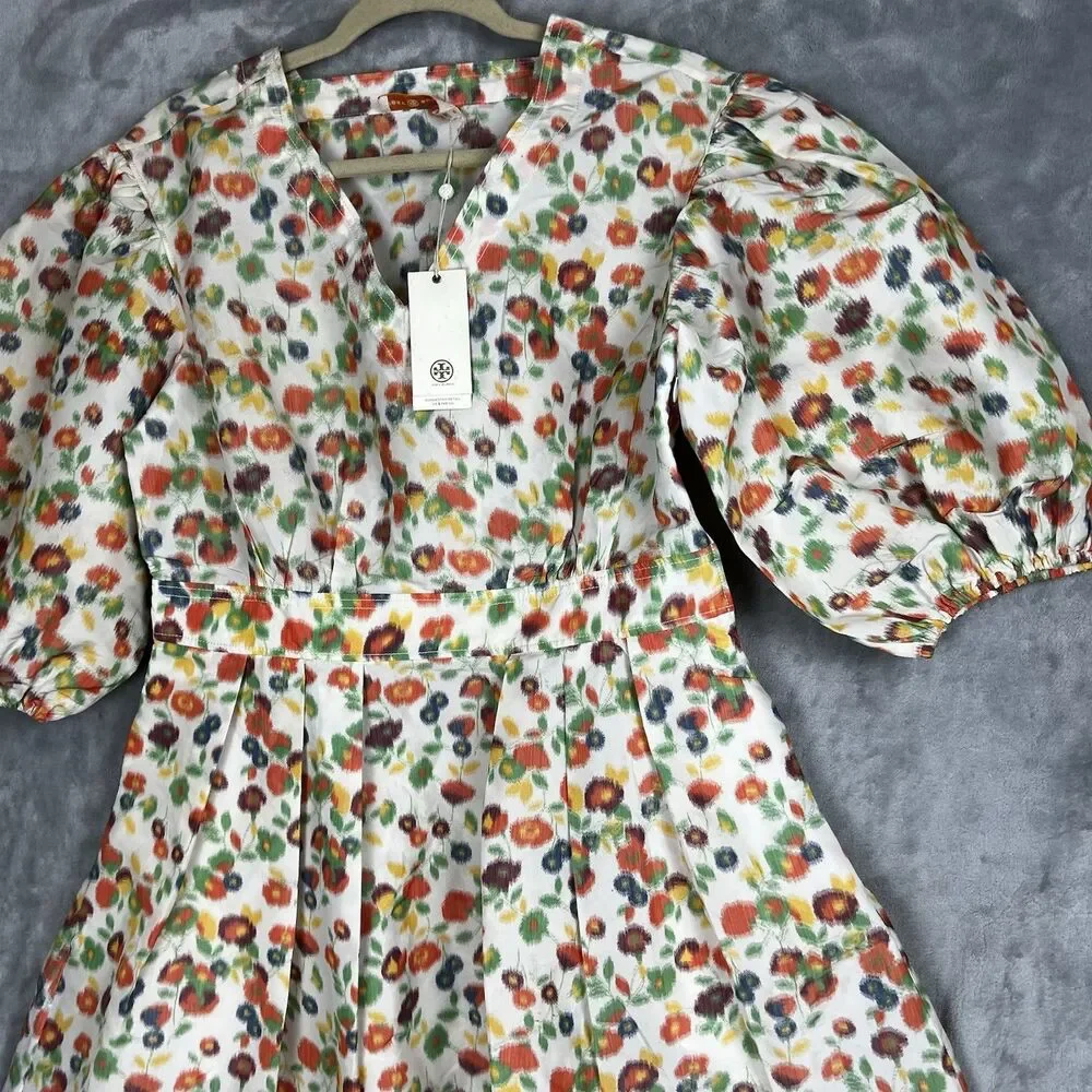 Tory Burch Taffeta Puffed Sleeve Dress Tossed Confetti Floral V-Neck 63672 SZ 10